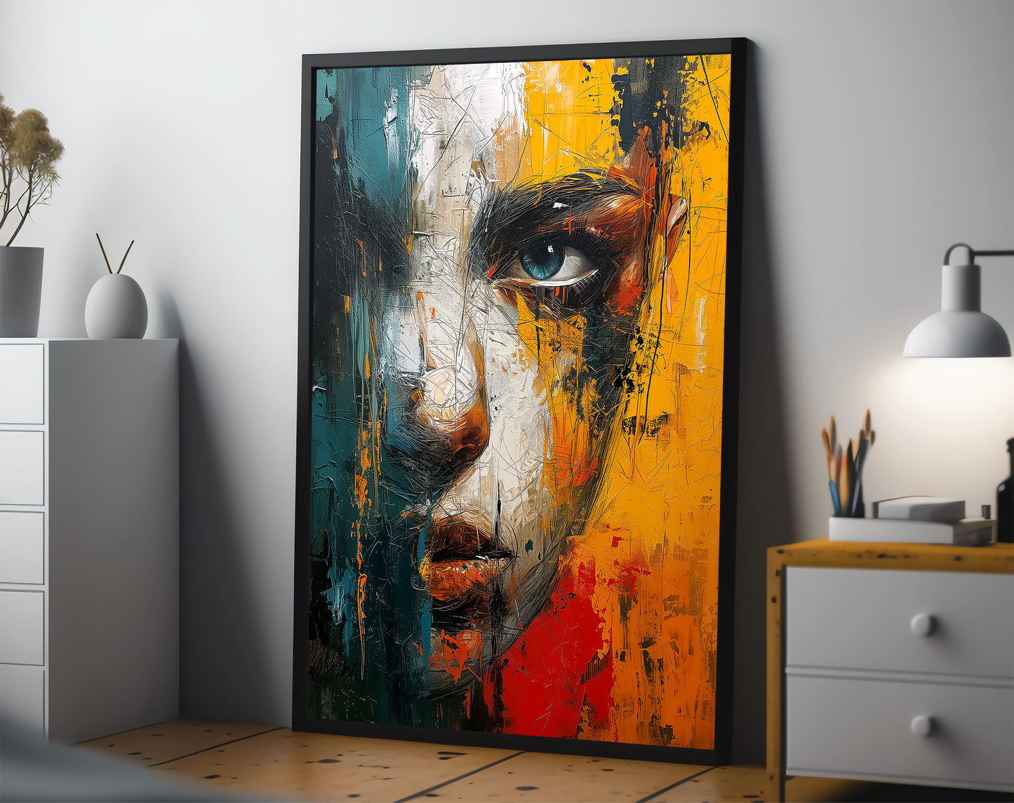 Colorful Face Oil Painting, Abstract Female Face Poster, Textured Canvas