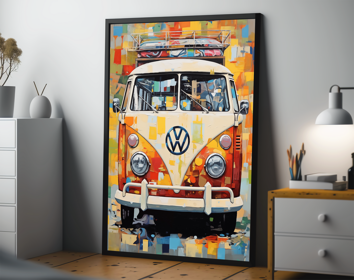 Colorful VW Bus, Palette Knife Textured Painting