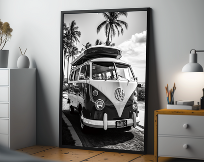 Timeless Roadtrip Elegance, VW Bus Black And White Photography On Coastline