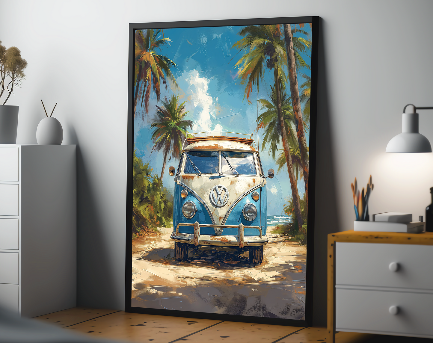 Retro VW Van On California Coastline, Palette Knife Textured Painting