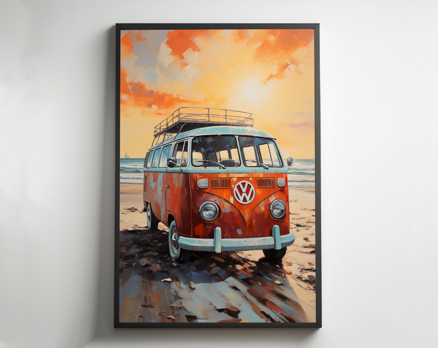 Retro VW Van On California Coastline, Palette Knife Textured Painting