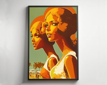 Two Women At Beach With Palm Trees In The Summer, Vintage 1950s Beach Poster