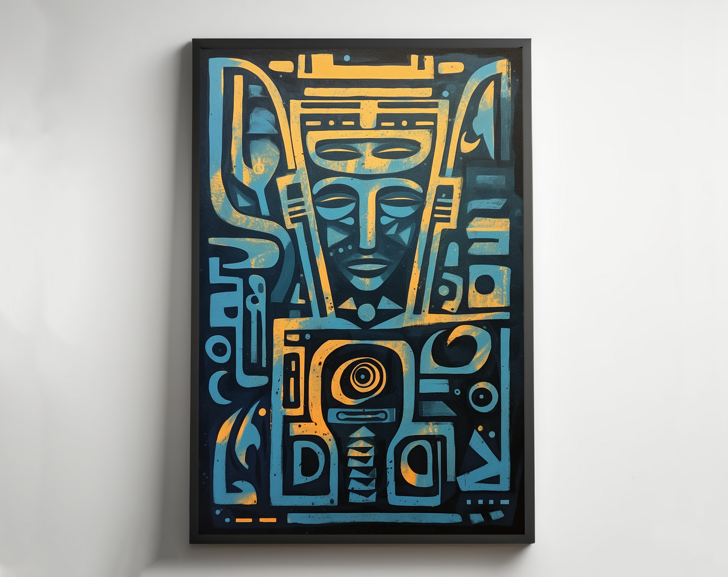 Egyptian God Face, Blue Yellow Egyptian Hieroglyphics Poster, Mystic Mask Art