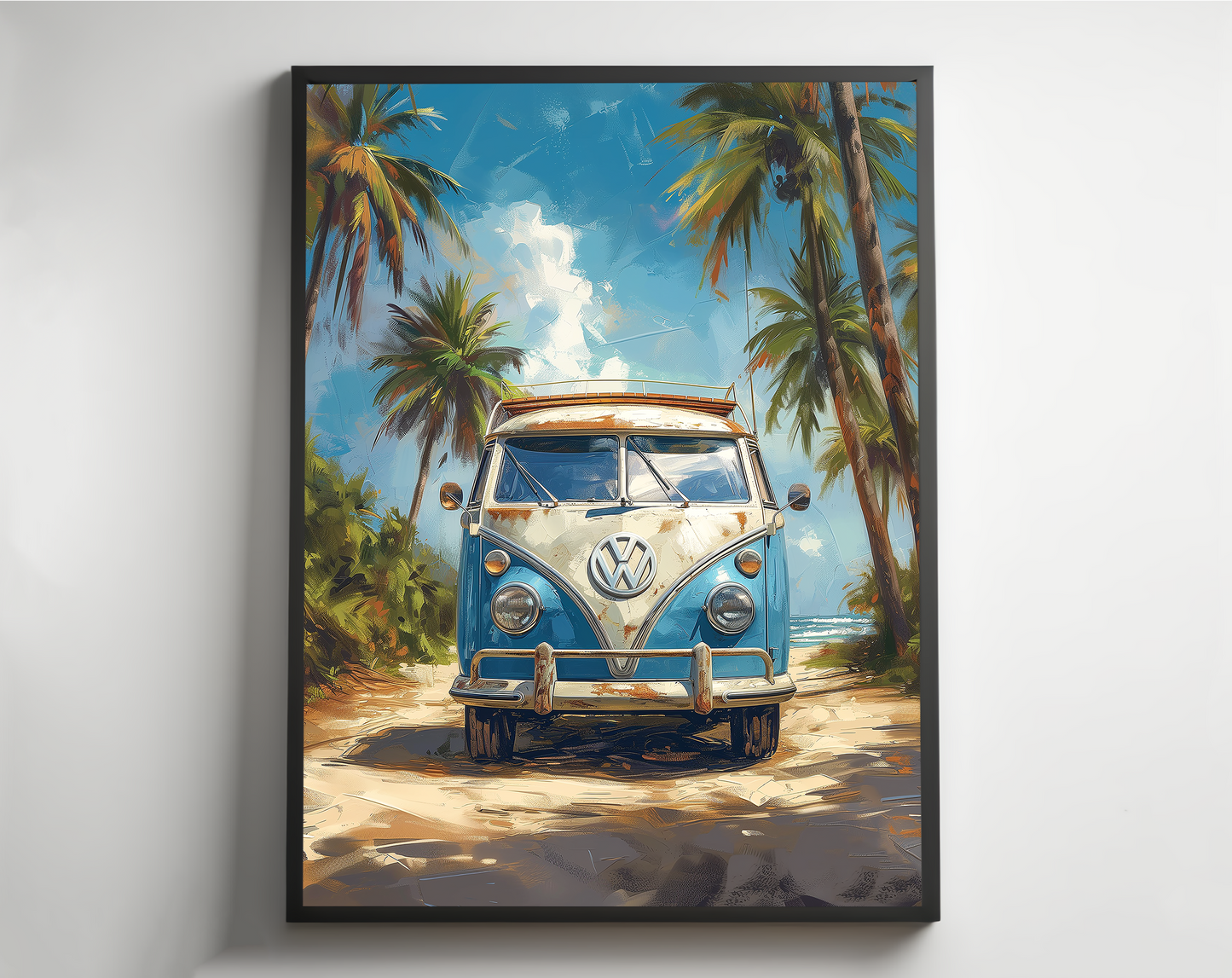 Retro VW Van On California Coastline, Palette Knife Textured Painting