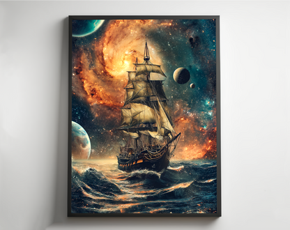 Space Pirate Ship, Vintage Sailing Boat On The Sea