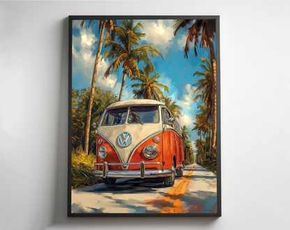 VW Camper With Palm Trees, Palette Knife Textured Painting