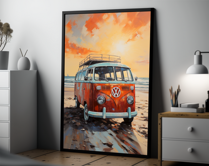 Retro VW Van On California Coastline, Palette Knife Textured Painting