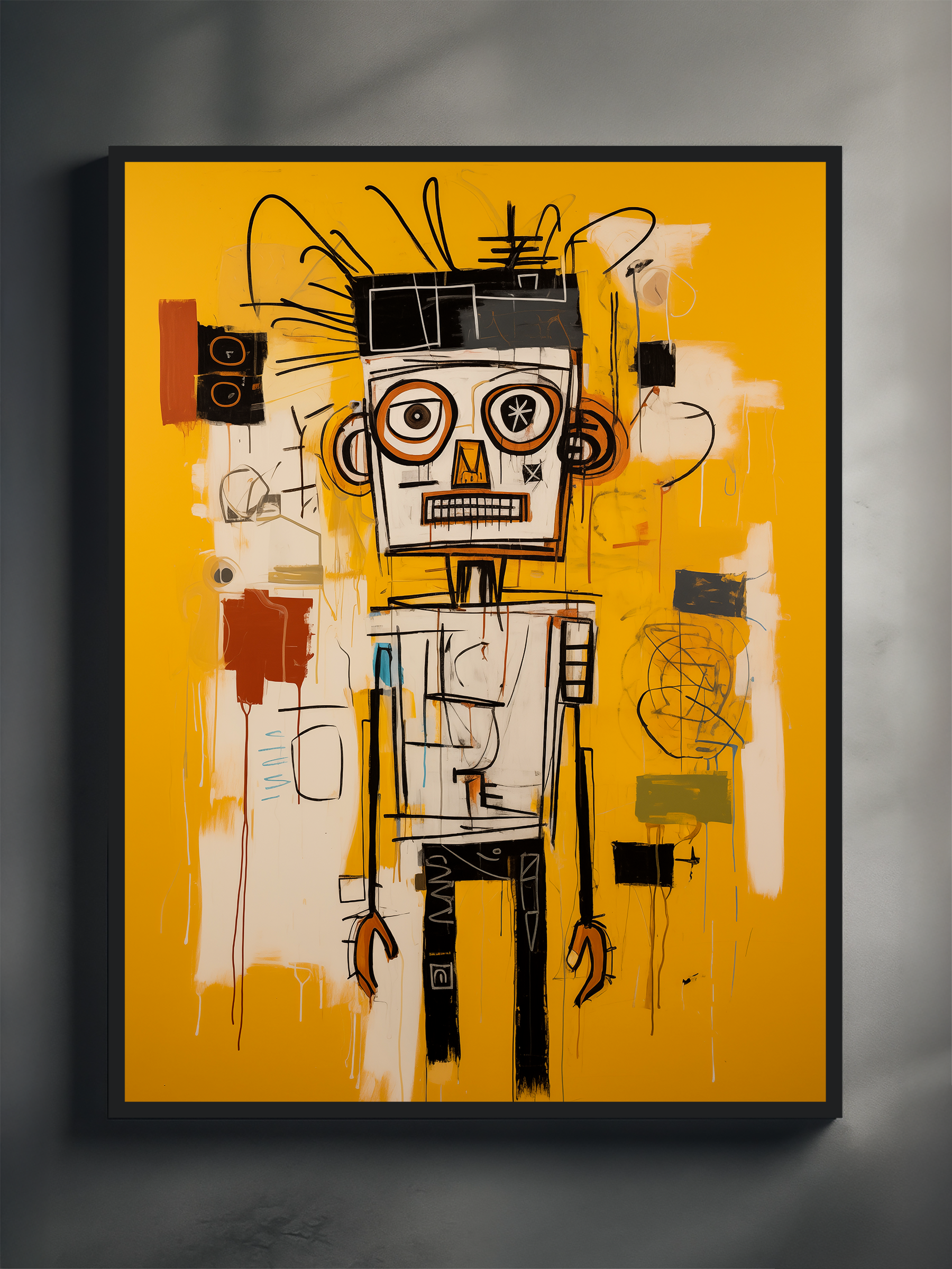 Square modern art print featuring a robotic figure with expressive eyes and chaotic black lines on a bright yellow background, mounted on a neutral textured wall with dramatic lighting.