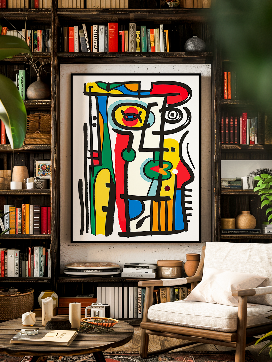 A stylish living room with a large abstract painting featuring bold red, yellow, green, blue, and black geometric shapes in a modern art style. The artwork is centered on a bookshelf wall filled with colorful books, baskets, vases, and plants. A comfortable wooden armchair with white cushions sits beside a rustic coffee table with books, candles, and a tea set, creating a warm, inviting reading nook with layered textures and natural materials.