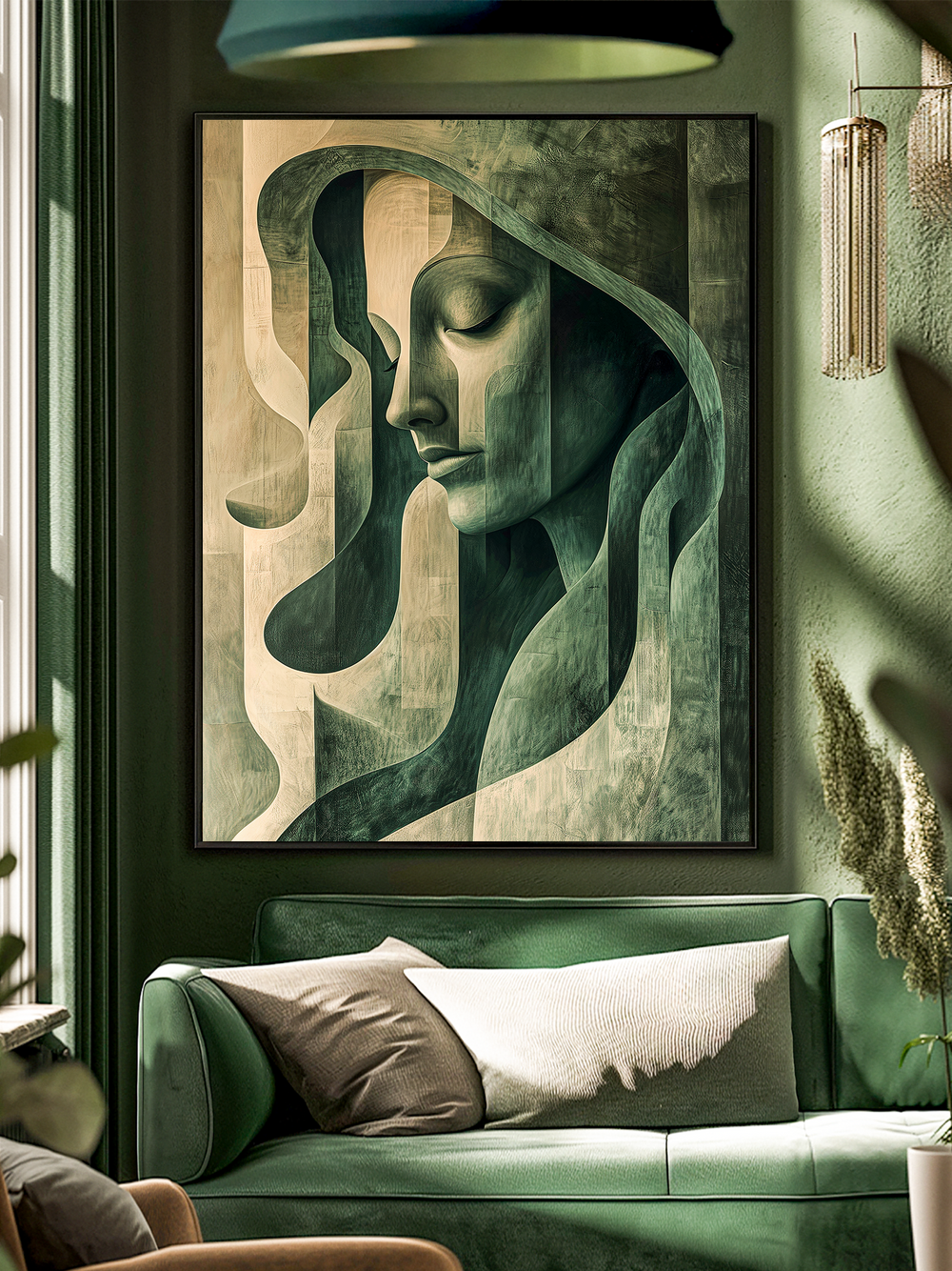 Stylish framed artwork featuring an abstract female portrait in layered green tones, displayed above a matching green sofa with neutral pillows, modern lighting, and decorative plants for a sophisticated atmosphere.
