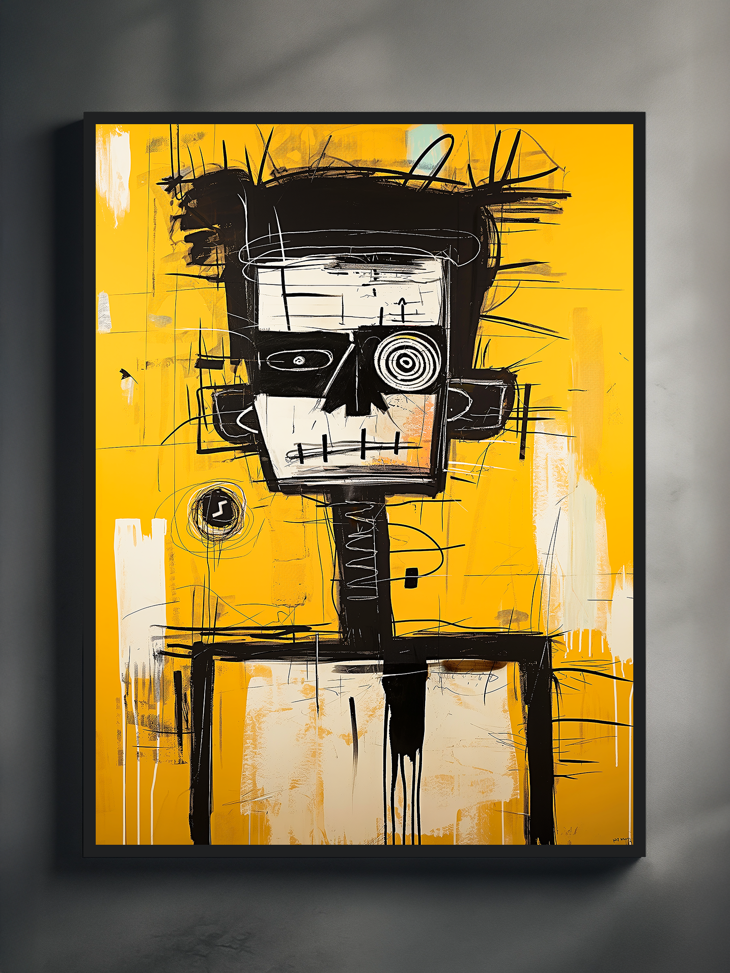 Framed abstract art poster with expressive linework and a vibrant yellow background, inspired by urban street style, displayed in a minimalist setting for a bold visual statement.