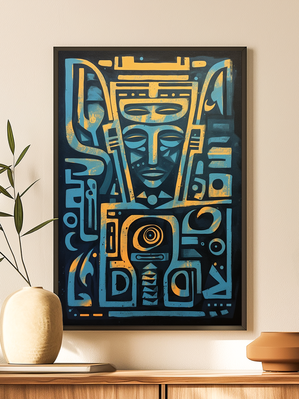 Framed modern abstract tribal art print featuring blue and yellow geometric shapes and a stylized face, displayed in a bright minimalistic living room with natural decor.