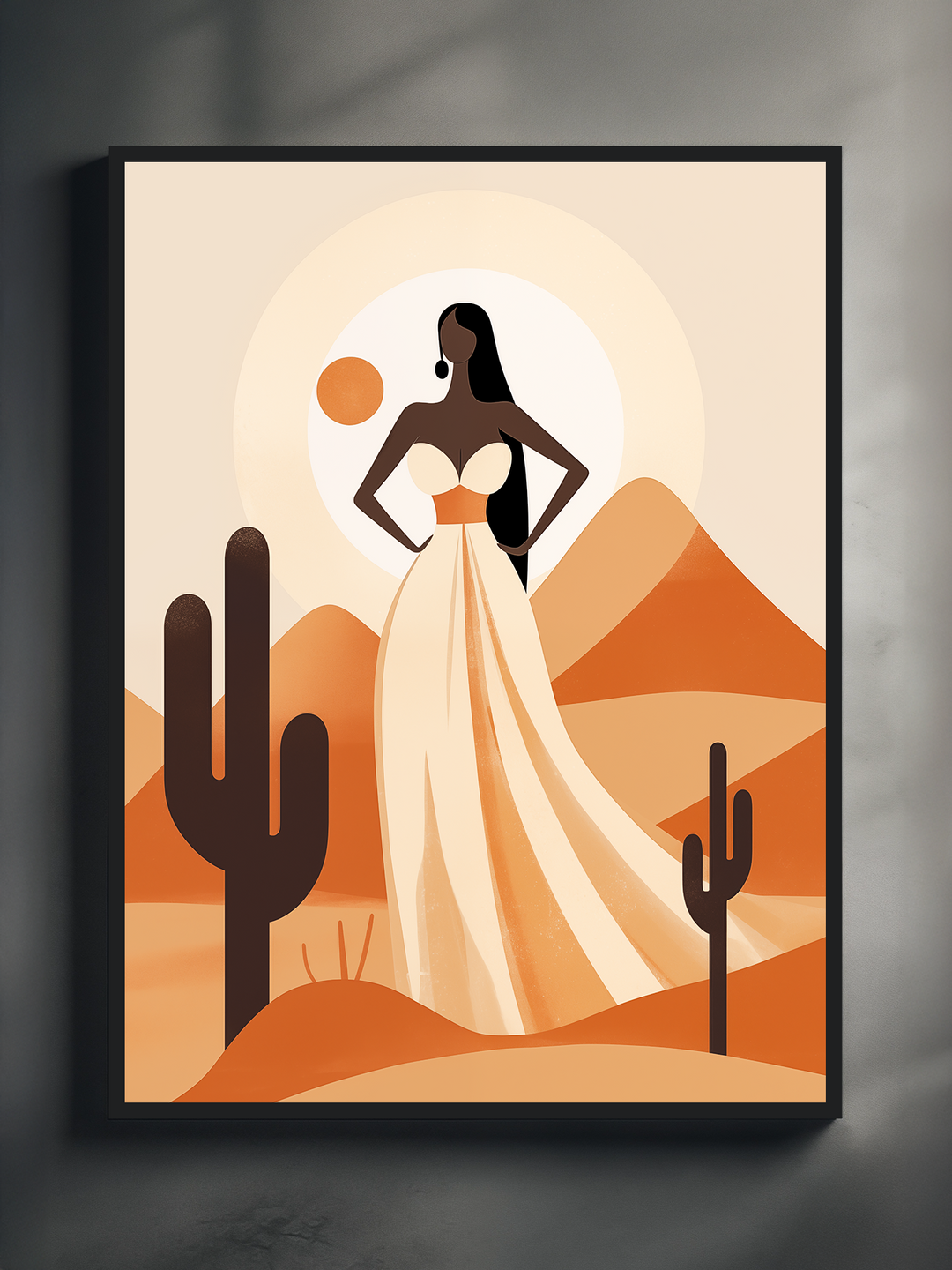 A digital poster featuring a stylized woman in a flowing white dress standing in a desert scene with bold orange hills, cactus silhouettes, and a warm sun, displayed in a sleek black frame against a neutral gray wall background for a clean and modern look.