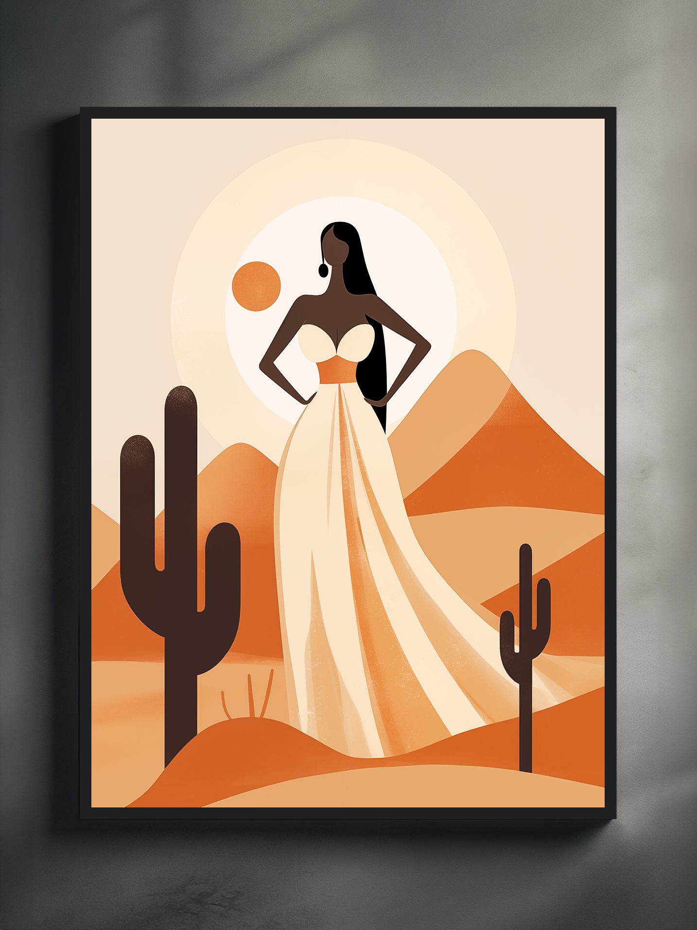 A digital poster featuring a stylized woman in a flowing white dress standing in a desert scene with bold orange hills, cactus silhouettes, and a warm sun, displayed in a sleek black frame against a neutral gray wall background for a clean and modern look.