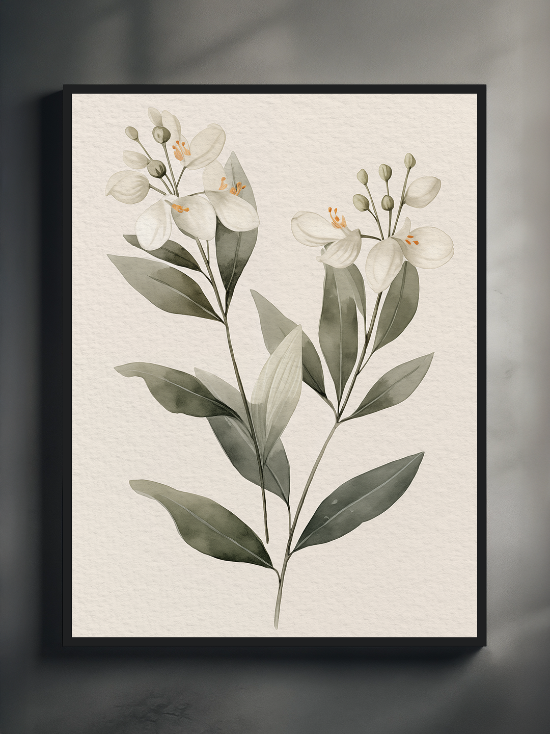 A clean and elegant botanical poster showcasing two white flowers with soft green leaves and minimal detailing. The artwork is framed in black and set against a light gray background, emphasizing the simplicity and natural beauty of the design. Perfect for a modern, nature-inspired interior.