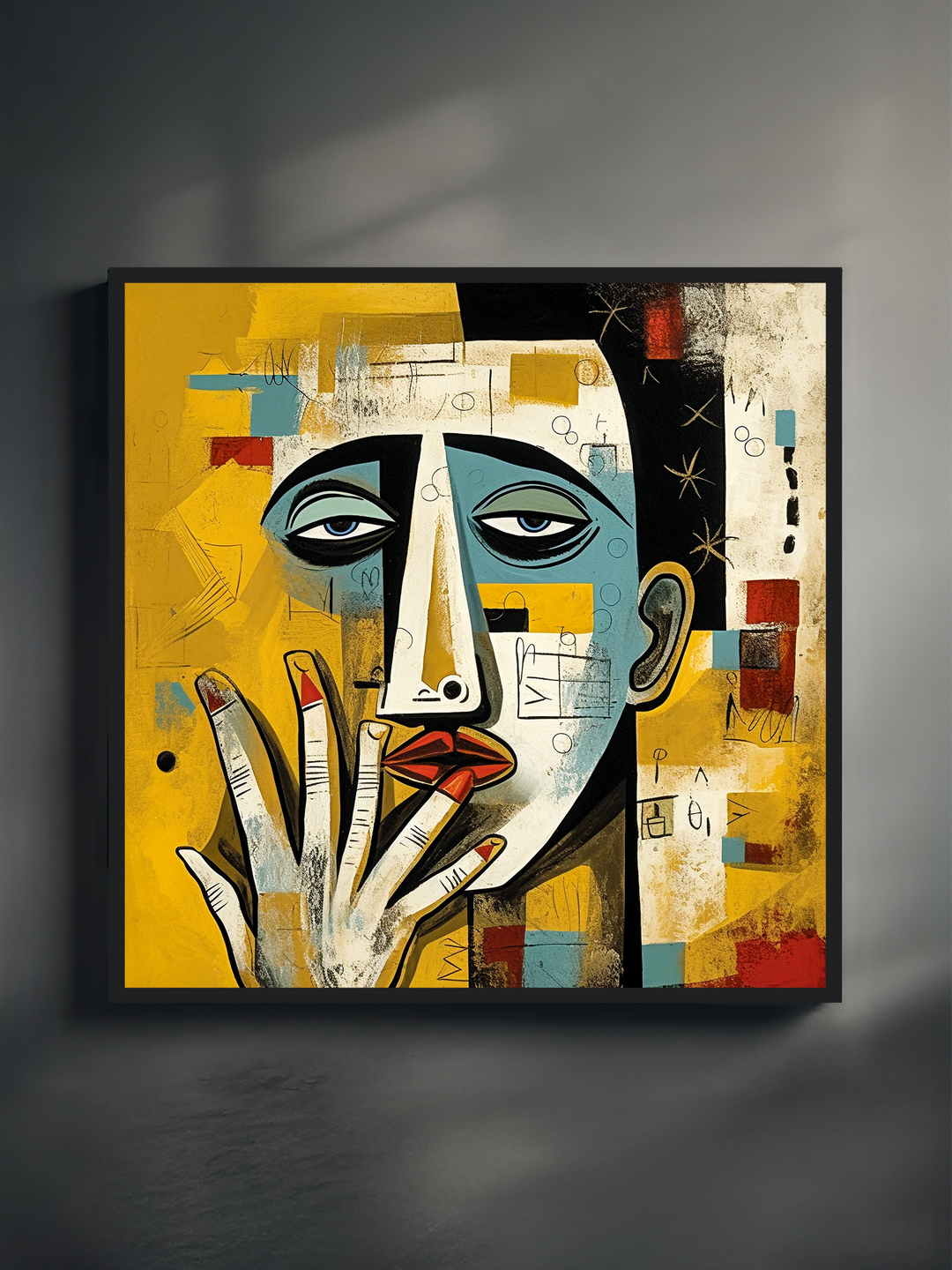 Abstract cubist face art print with a hand over the lips, vibrant yellow tones, graphic shapes, and textured street art elements for modern wall decor.