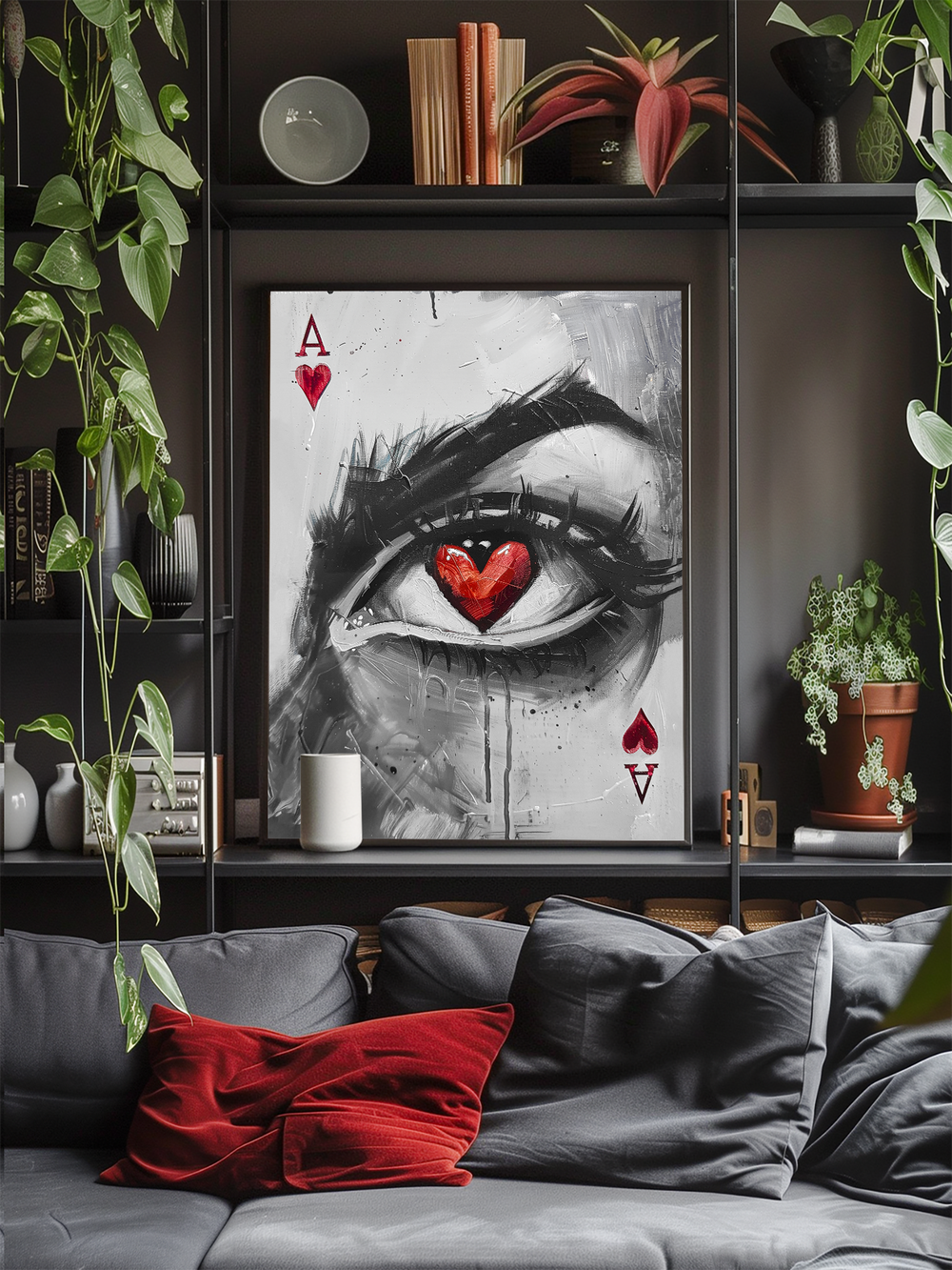 A contemporary living room with dark shelves and lush green plants features a striking poster of a black-and-white eye with a red heart in the pupil, styled as the ace of hearts and spades. The artwork is surrounded by decorative books, ceramics, and a red plant, while a grey sofa with a red blanket enhances the color harmony.