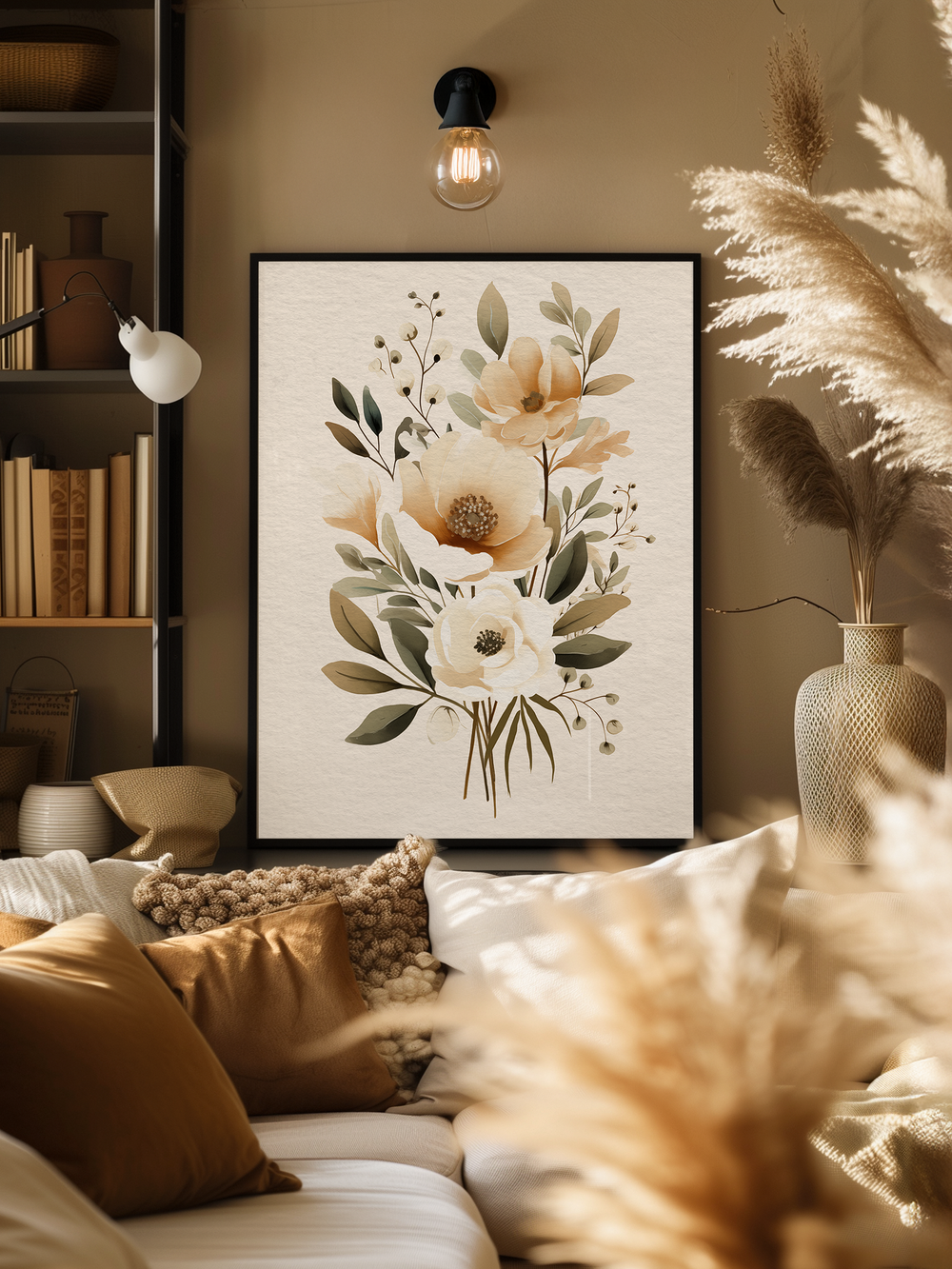 A large botanical poster with soft beige and green floral illustrations in a minimalist black frame is perfectly centered on a textured neutral wall. The warm-toned living room features a white couch with brown and golden pillows, a shelf filled with books and ceramic decor, and soft pampas grass in the foreground, creating a serene and inviting atmosphere with layered depth and natural lighting.