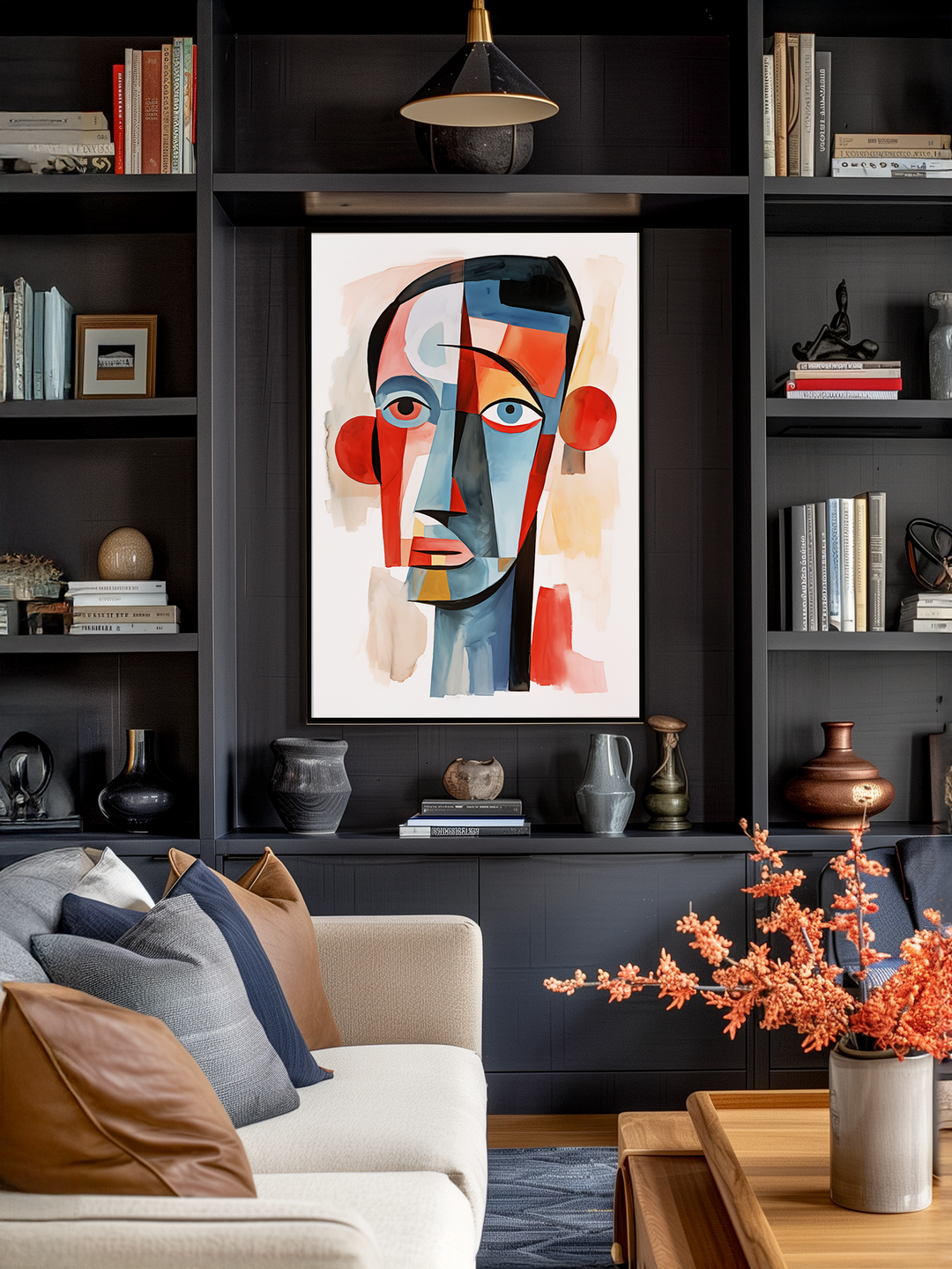 A stylish modern living room featuring a black built-in bookcase with shelves filled with books, vases, and decor. In the center hangs a large, colorful abstract cubist portrait with red, blue, and orange tones. A cream sofa with brown and navy pillows sits in front, paired with a wooden coffee table holding a silver vase with orange flowers. The scene is warmly lit and designed for a cozy yet sophisticated atmosphere.