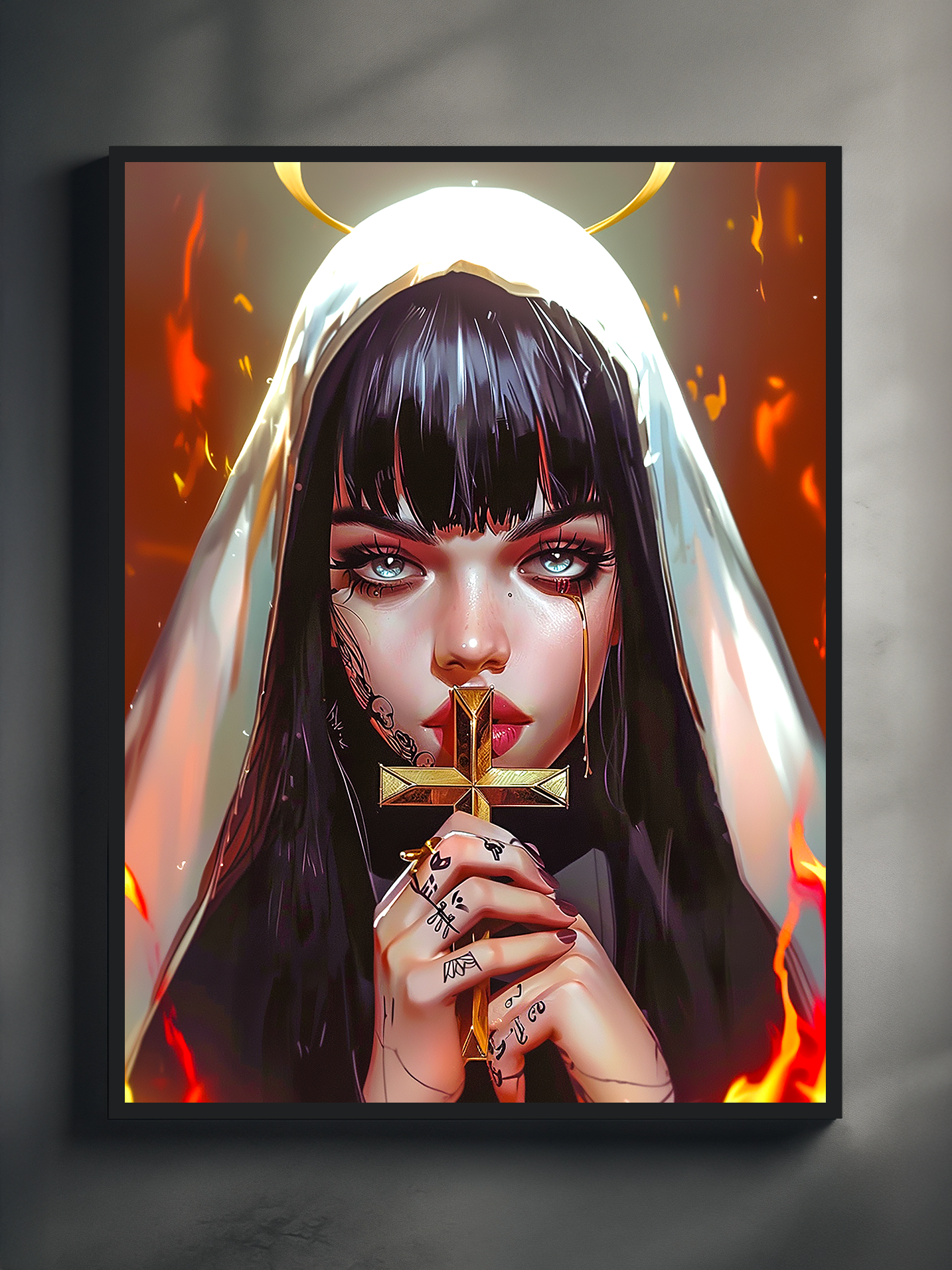 Vibrant digital portrait of a modern nun with piercing eyes and black hair, holding a golden cross in front of her face. She wears a white veil with a glowing halo above, surrounded by fiery red-orange flames. The artwork blends religious iconography with a bold, contemporary art style, capturing intensity, devotion, and symbolic power in one striking visual.
