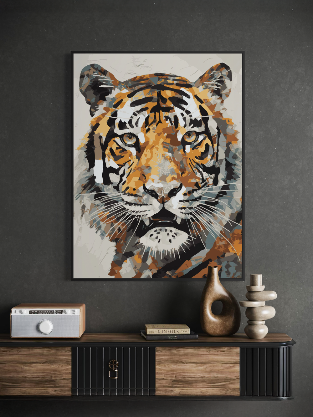 A modern tiger wall art poster featuring a powerful frontal tiger portrait created with expressive abstract brush strokes in warm orange, beige, black, and muted gray tones, designed as a bold statement piece for contemporary interiors.