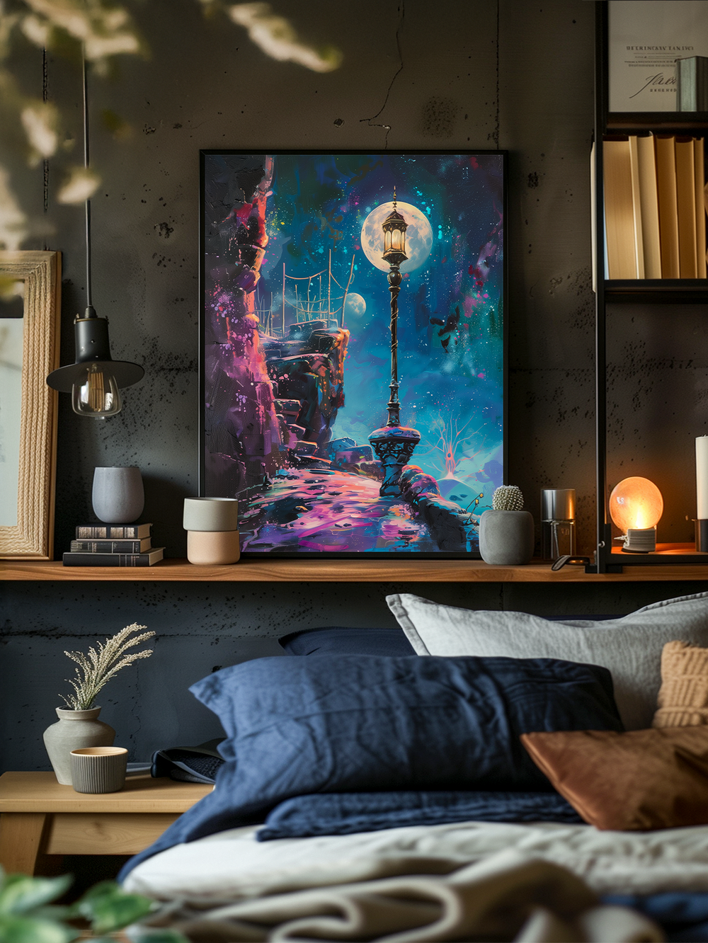 Close-up of a modern bedroom with a dark textured wall showcasing a centrally hung minimalist black-framed poster featuring a cosmic scene in blue, purple, and white tones. Surrounding shelves are filled with books, ceramics, candles, and a glowing night lamp. The bed is styled with layered navy and cream bedding, cozy throws, and warm-toned cushions. Blurred foreground elements add depth while the room’s warm lighting and structured wall texture create a sophisticated, inviting atmosphere.