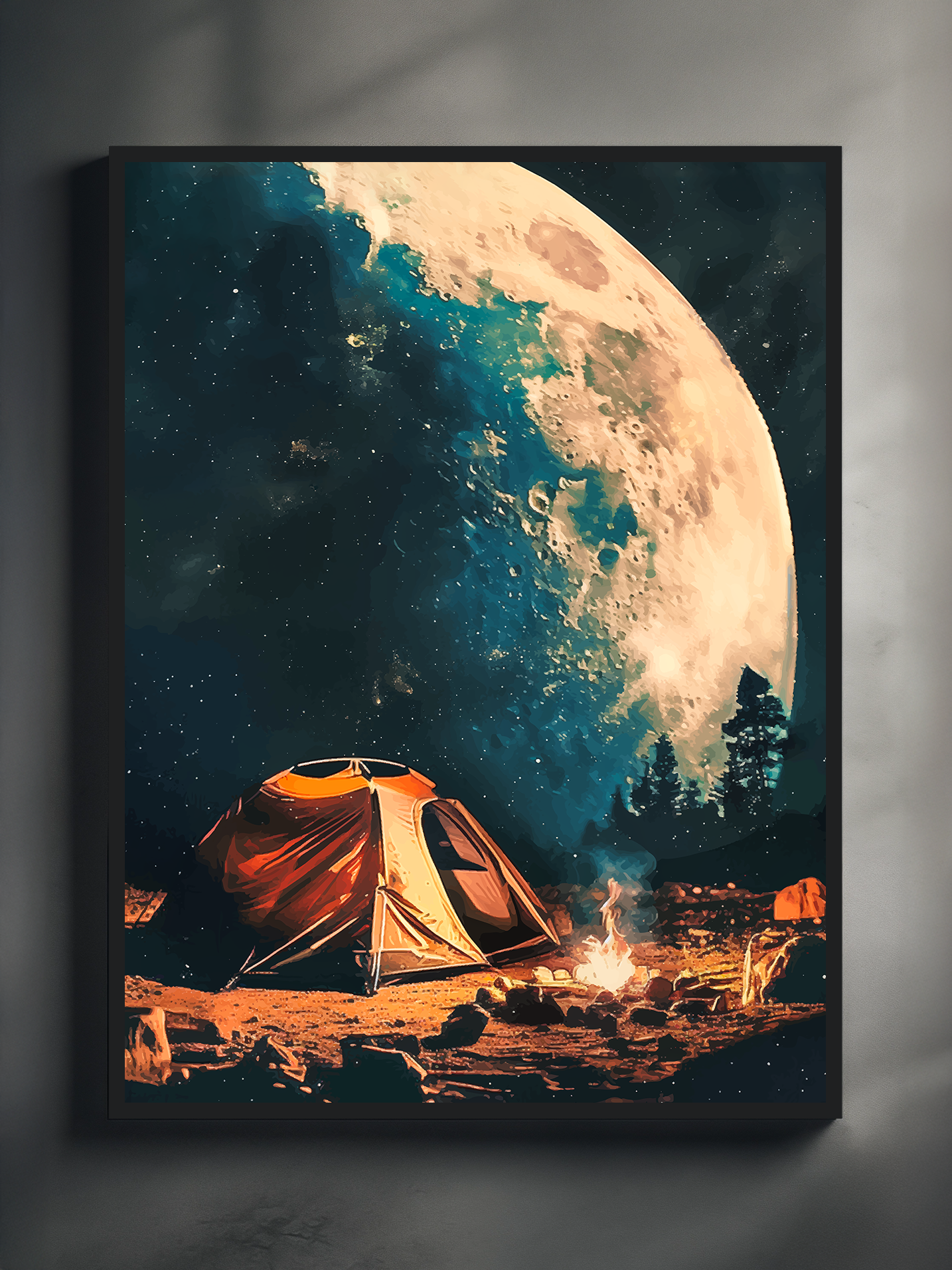 Dreamy night camping artwork showing a glowing tent and campfire beneath a massive full moon and starry sky, perfect for cozy adventure and nature wall decor.