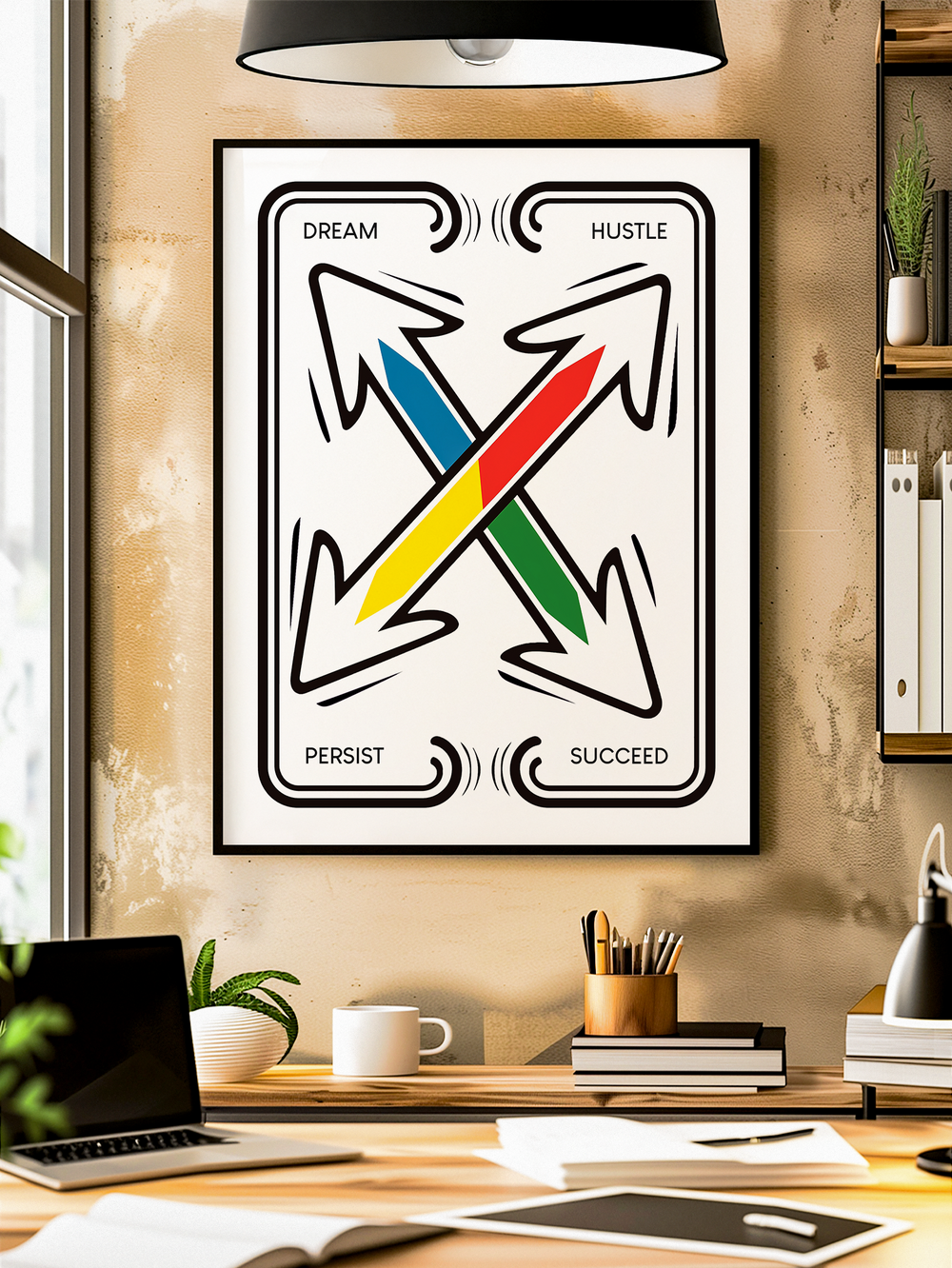A modern motivational wall art featuring four bold arrows in red, blue, green, and yellow with the words Dream, Hustle, Persist, and Succeed, symbolizing success and determination.