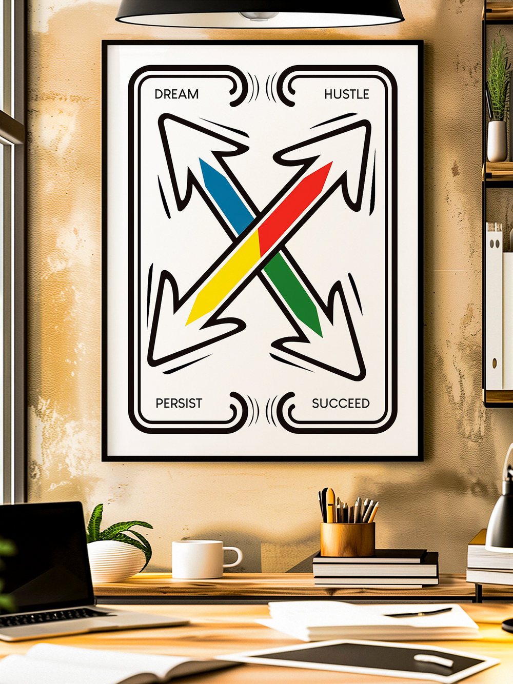 A motivational wall art print featuring bold colorful arrows in a retro reverse card style with the words Dream Hustle Persist Succeed, perfect for home office, creative workspace, and inspirational interior design.