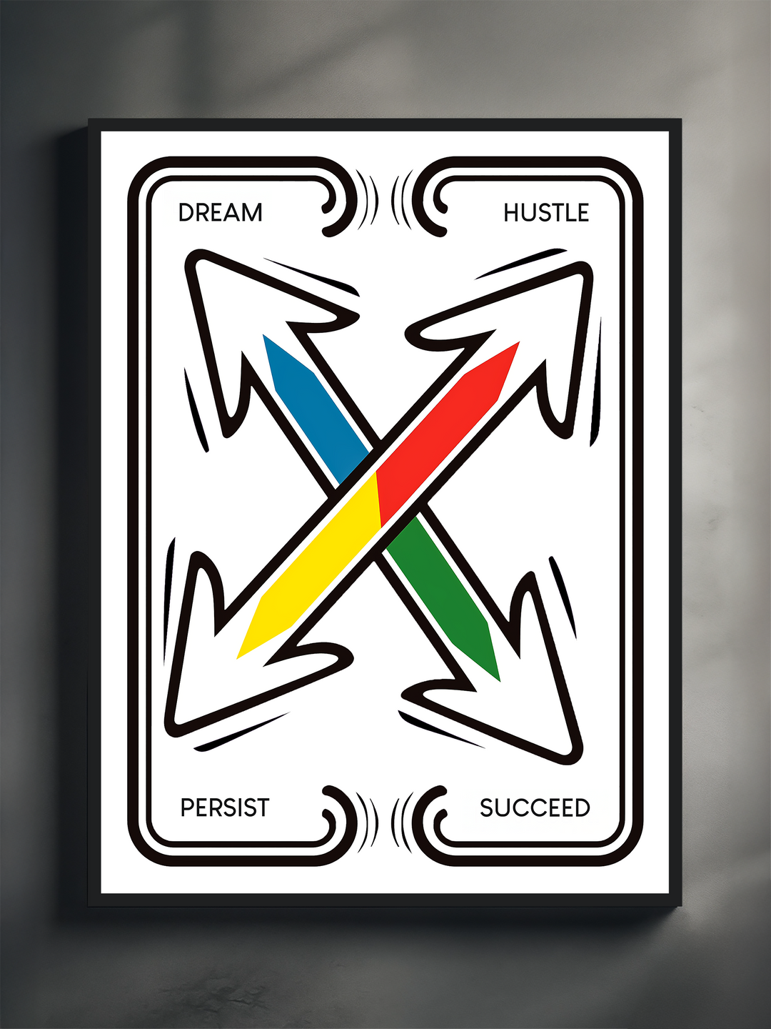 Modern wall art featuring four bold arrows intersecting in the center, each filled with primary colors and pointing toward motivational words: “Dream,” “Hustle,” “Persist,” and “Succeed.” The design is framed in black with dynamic curved lines, symbolizing movement and progress, set against a minimalist white background.