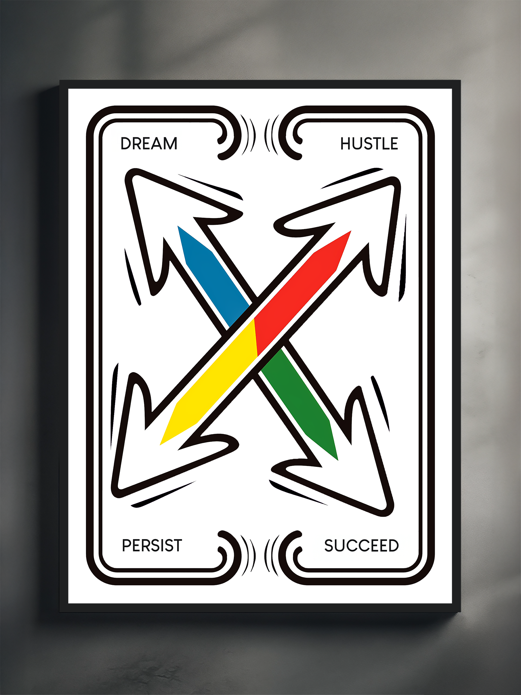 Modern wall art featuring four bold arrows intersecting in the center, each filled with primary colors and pointing toward motivational words: “Dream,” “Hustle,” “Persist,” and “Succeed.” The design is framed in black with dynamic curved lines, symbolizing movement and progress, set against a minimalist white background.