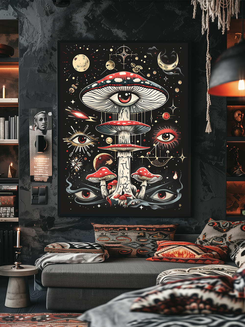 A dark-toned living room featuring a large, psychedelic-style poster with a central mushroom adorned with a giant all-seeing eye and surrounded by cosmic motifs, stars, crescent moons, and multiple red eyes. The artwork is mounted on a textured charcoal wall above a cozy grey sofa with colorful, patterned cushions and blankets, creating a bohemian, mystical atmosphere with layered textiles, candles, and warm ambient lighting.