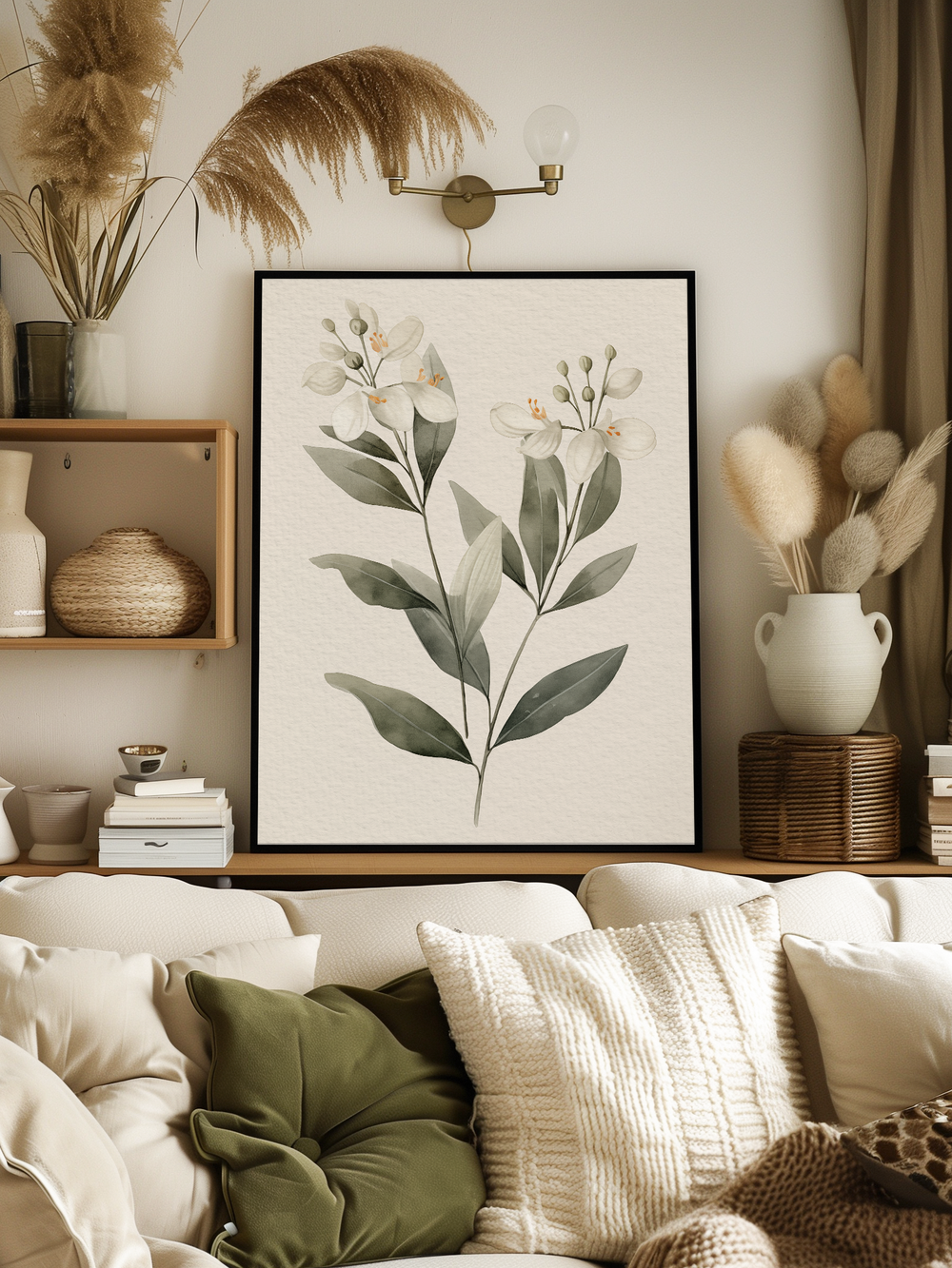 Minimalist living room featuring a white poster in a black frame centered above a beige sofa with green and cream pillows. The space includes dried pampas grass, wooden shelves, ceramic vases, and neutral-toned books. Soft daylight enters from the side, casting warm natural shadows across the room.