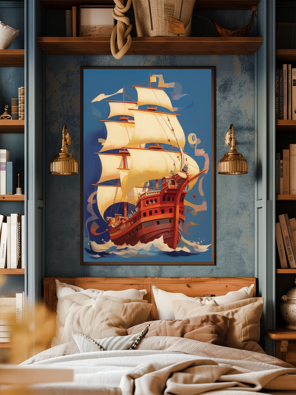 A cozy bedroom featuring textured warm blue walls with built-in bookshelves closely framing a large, centered ship poster in a minimalist black frame. The bed in light brown wood sits below with layered beige and muted blue bedding. Brass reading lamps and maritime decor like coiled rope and books add detail, creating an inviting, realistic nautical-inspired room with rich textures and warm accents.