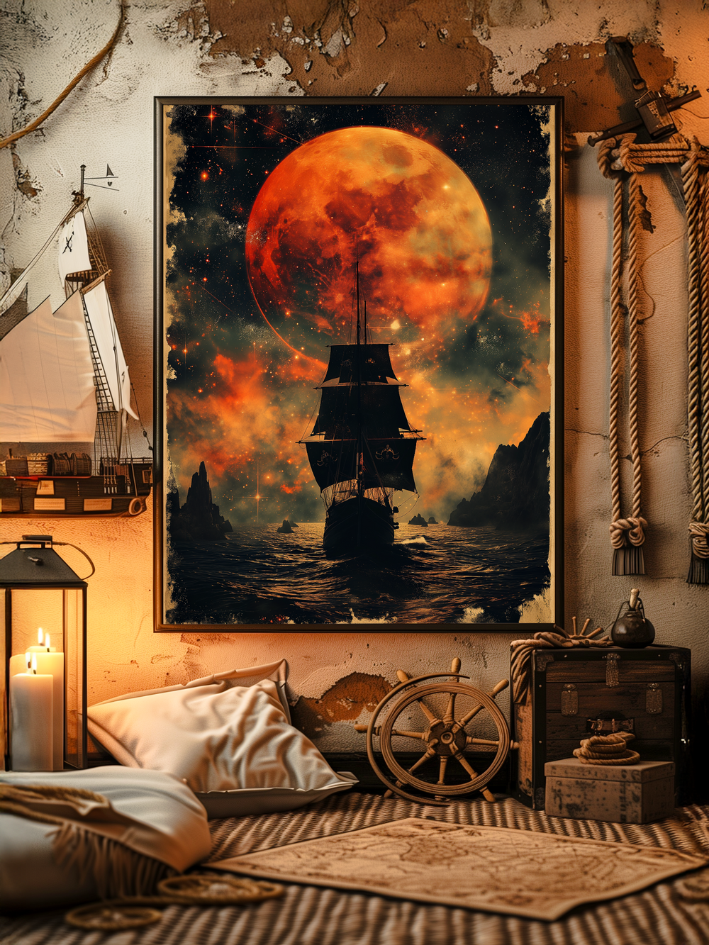 A cozy, nautically themed bedroom featuring a large framed poster of a tall ship silhouetted against a fiery orange moon on a stormy sea. The room has textured, weathered walls with peeling paint and maritime details like ropes, a ship’s wheel, model sailboat, and wooden chests. A soft bed with layered pillows and blankets sits on a striped rug, while warm ambient lighting from candles creates an inviting, adventurous atmosphere that complements the poster’s dramatic colors.