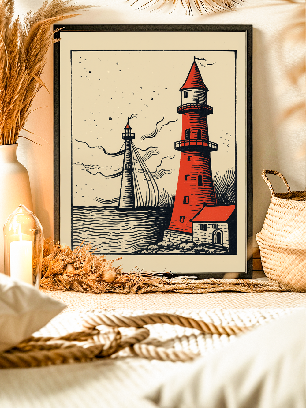 Artistic print of two lighthouses, one in bold red and the other in monochrome, standing by the sea. The framed artwork is styled in a cozy interior with natural decor elements like dried pampas grass, woven baskets, and soft fabrics, creating a warm coastal atmosphere.