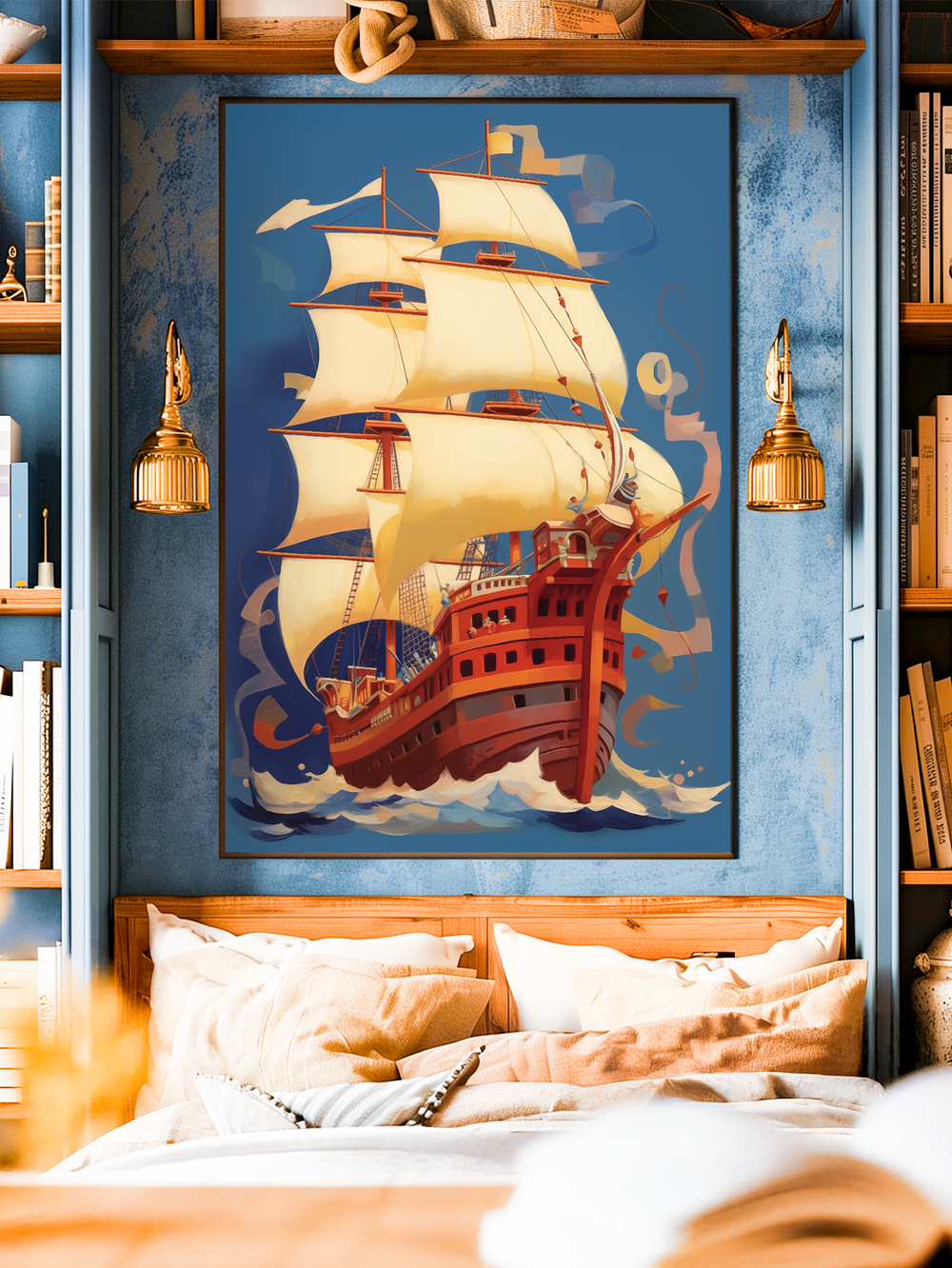 A vibrant wall art print of a red pirate ship with golden sails displayed above a wooden bed. The artwork is framed by blue textured walls, shelves with books and nautical decor, and two golden hanging lamps, creating a warm maritime-inspired bedroom atmosphere.