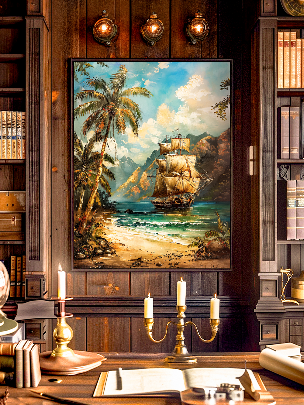Highly detailed nautical-themed study featuring a framed painting of a sailing ship near a tropical island with palm trees, set against dark wooden bookshelves, warm candlelight, brass accents, and an open book on a polished wooden desk for a vintage maritime atmosphere.