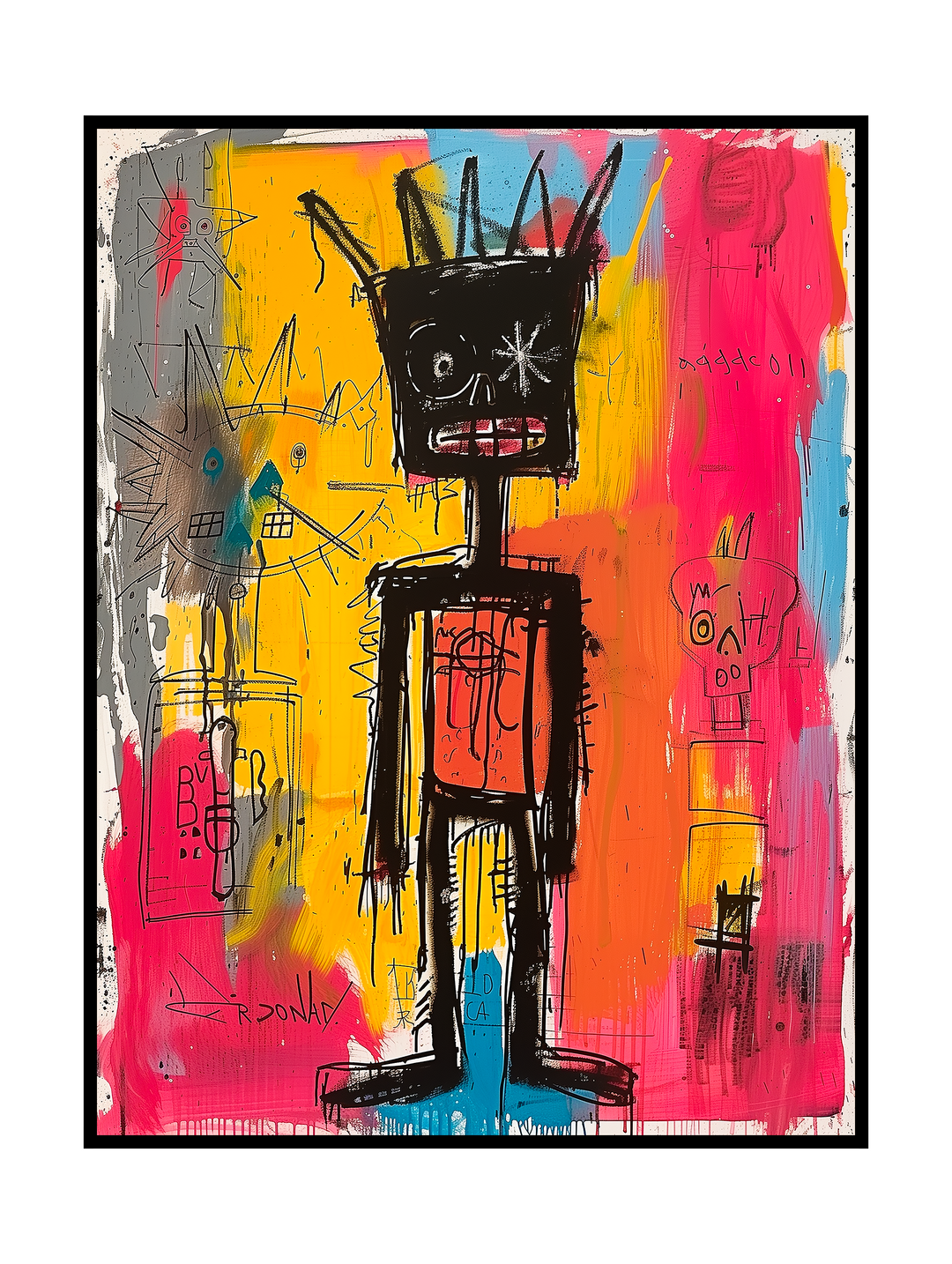 Expressive neo-expressionist Jean Michel Basquiat artwork depicting a stylized human figure drawn with rough black lines, childlike symbols, and layered graffiti textures, set against a vivid background of red, yellow, and blue color fields with raw, hand-drawn details.