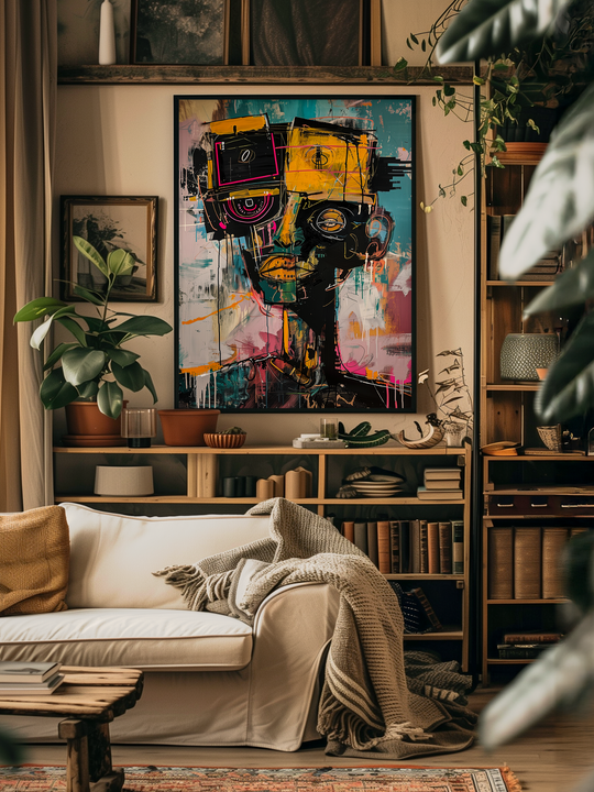 A vibrant neo-expressionist poster with abstract facial elements and bold colors hangs centered on the wall above a wooden shelf filled with books, pottery, and decorative objects. The artwork is framed in a slim black frame and clearly visible in a front-facing view. A soft white sofa with a yellow pillow and striped blanket sits in front, surrounded by plants, warm lighting, and natural textures. The room feels cozy, creative, and well-lived, with earthy tones and eclectic details that enhance the express