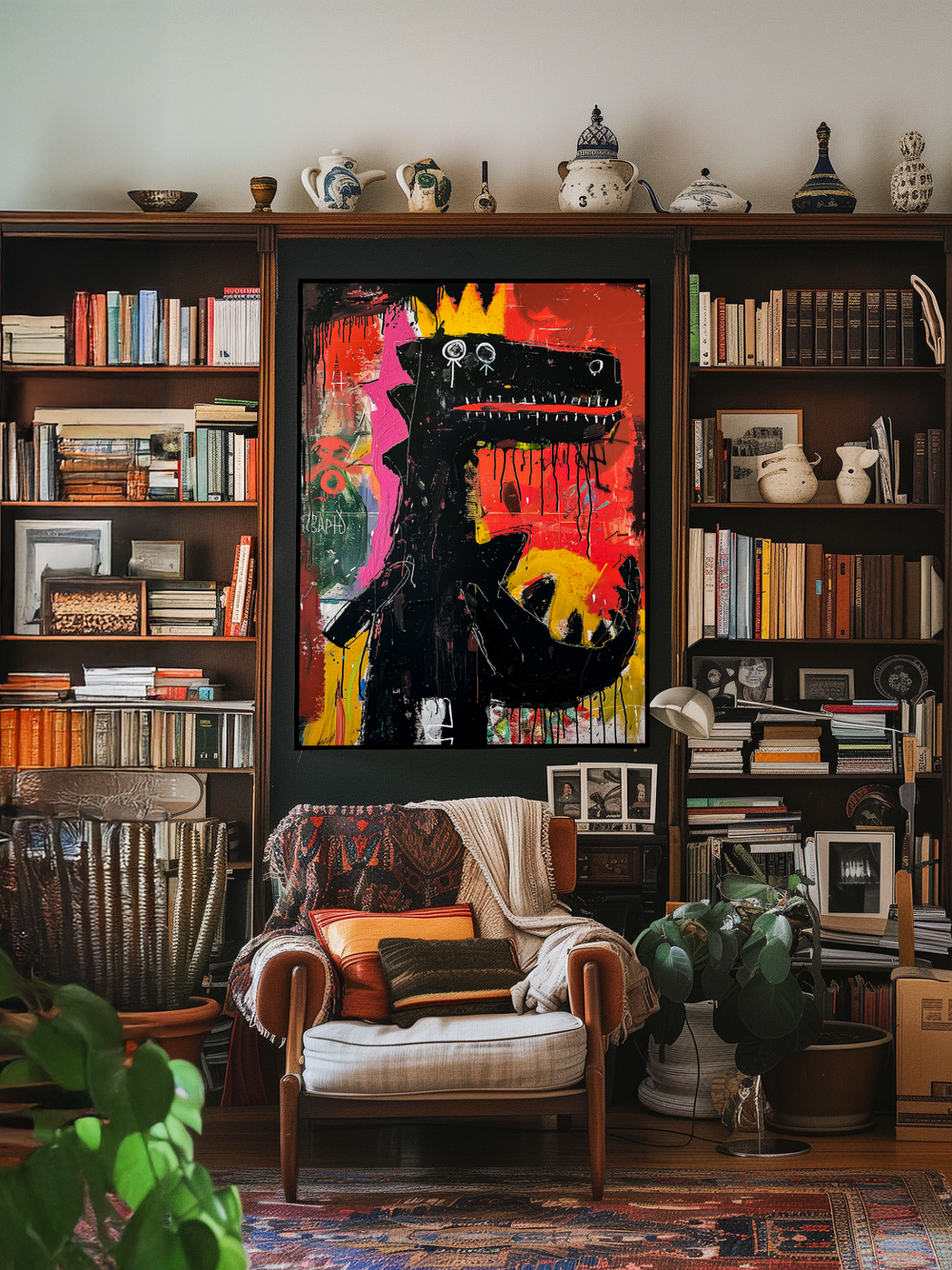 A bold neo-expressionist poster featuring a black dinosaur with a yellow crown hangs in the center of a richly decorated living room. The artwork is framed in a slim black frame and stands out against a large wooden bookshelf filled with books, ceramics, framed pictures, and decor items. Below, a cozy armchair with patterned blankets and colorful cushions sits on a patterned rug. Potted plants, a floor lamp, and surrounding vintage furniture add to the warm, creative, and inviting atmosphere of the room.