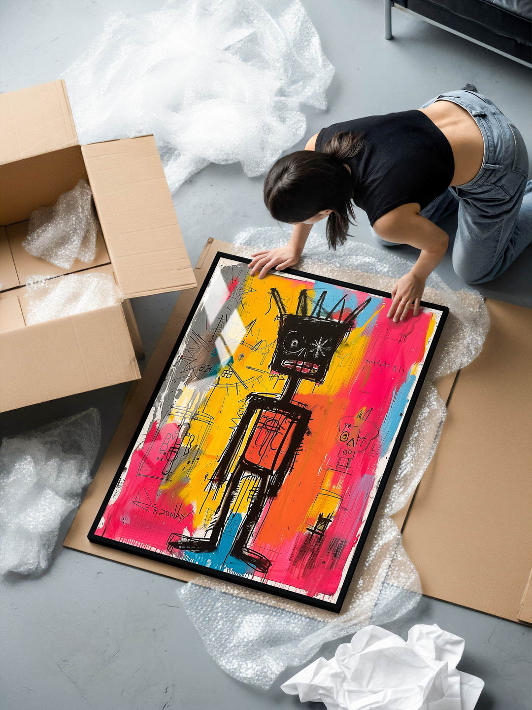 A framed art print showing a neo-expressionist crowned figure inspired by Basquiat’s raw, urban style. Bright pink, yellow, blue and black tones create an energetic mix of graffiti-like strokes, bold textures, and expressive character design. Shown during unpacking with bubble wrap and packaging materials, highlighting AconaStudio’s premium black aluminum frame, shatterproof plexiglass, and museum-grade matte paper.