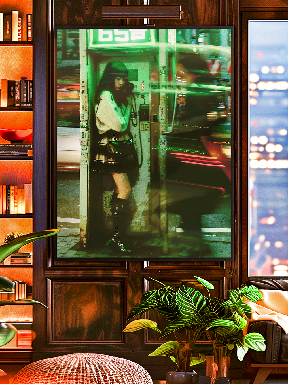 Atmospheric wall art showing a girl in a neon-lit phone booth, frozen in time as the city rushes by. A cinematic, futuristic design perfect for modern interiors.