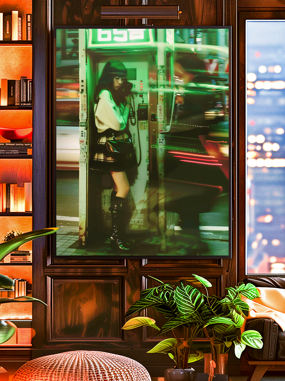 Atmospheric wall art showing a girl in a neon-lit phone booth, frozen in time as the city rushes by. A cinematic, futuristic design perfect for modern interiors.