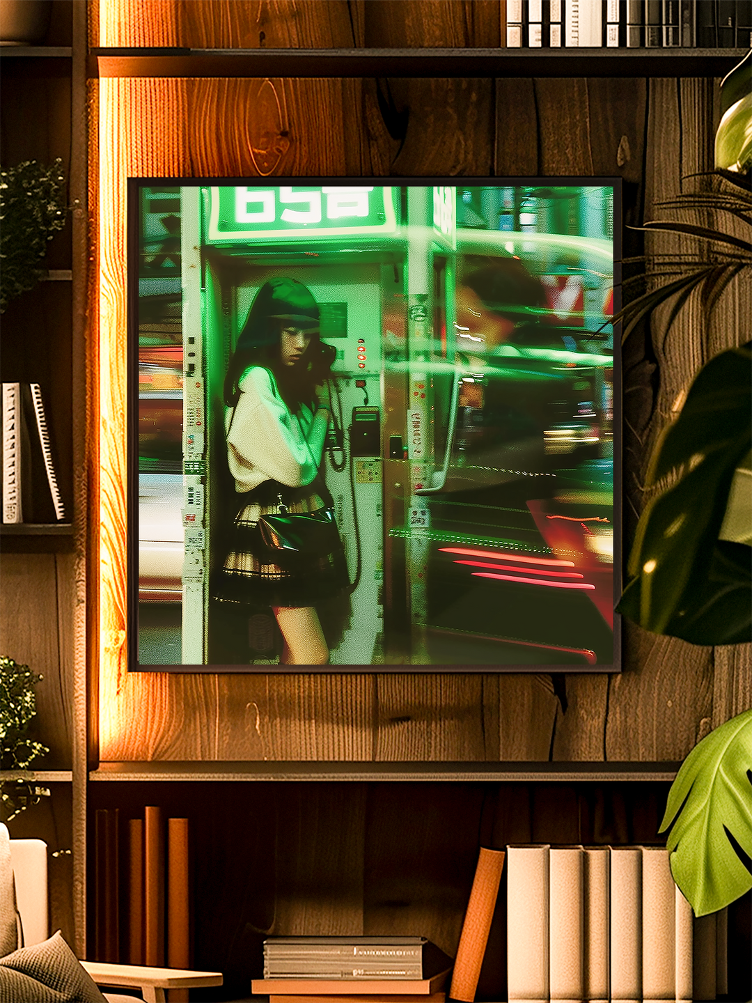A stylish poster showing a young woman in a neon-lit phone booth, wearing a white sweater and plaid skirt, holding a black handbag. The scene is filled with motion blur of passing traffic, glowing green and red city lights, creating a dynamic street vibe. Displayed in a cozy room with wooden shelves, books, plants, and warm lighting.