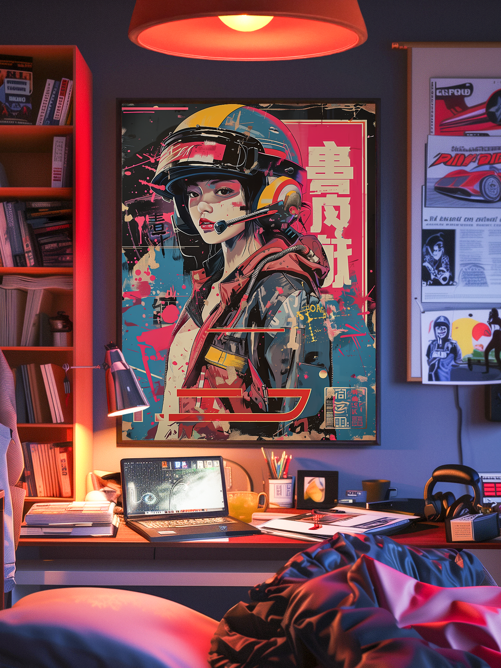 A framed neon-style poster of a female pilot with helmet and headset hangs above a wooden desk in a cozy, anime-inspired study room. The space features warm lighting, bookshelves, a laptop with open documents, headphones, stacked books, and a crumpled blanket on the bed in the foreground. The vibrant pink, blue, and yellow colors of the artwork blend harmoniously with the creative and slightly messy setup, creating an authentic lived-in atmosphere.