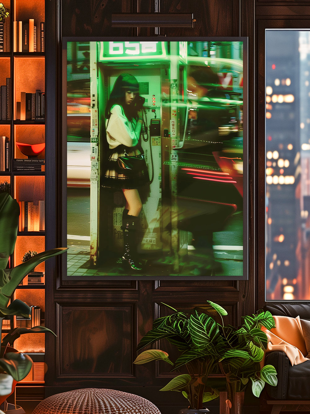 A vibrant urban poster capturing a young woman standing in a phone booth, illuminated by green neon lights with motion blur of city traffic around her. The artwork is displayed in a modern, cozy room with dark wood shelves, warm lighting, lush green plants, and a city skyline visible through the window.