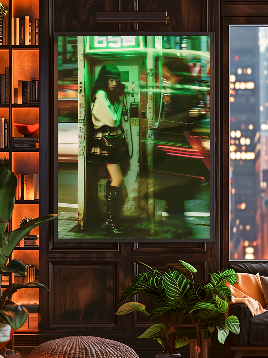 A vibrant urban poster capturing a young woman standing in a phone booth, illuminated by green neon lights with motion blur of city traffic around her. The artwork is displayed in a modern, cozy room with dark wood shelves, warm lighting, lush green plants, and a city skyline visible through the window.