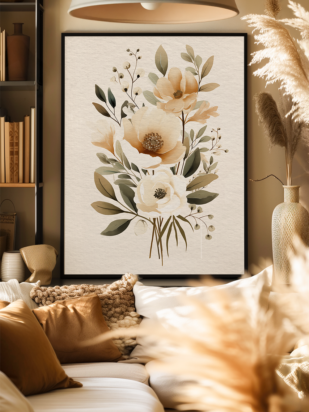 Framed poster featuring elegant beige and cream flowers with green leaves, displayed above a cozy white sofa with textured pillows and warm accents, surrounded by natural decor and soft lighting for a calm atmosphere.