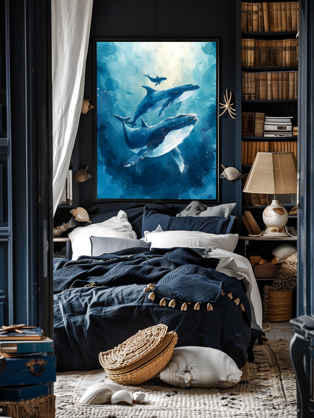 A stylish ocean-inspired bedroom featuring dark blue walls, maritime decor, and a large black-framed poster centered above the bed. The room includes bookshelves, seashell decorations, a globe lamp, and cozy textiles, creating a warm and inviting atmosphere with depth and character.